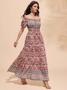 Almamuse 时尚休闲露肩长裙，适合夏季 - 杏色 - 查看 4