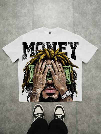 Manfinity Roghcode Oversized Street Hip Hop Dollar Sign Figure Pattern T-Shirt