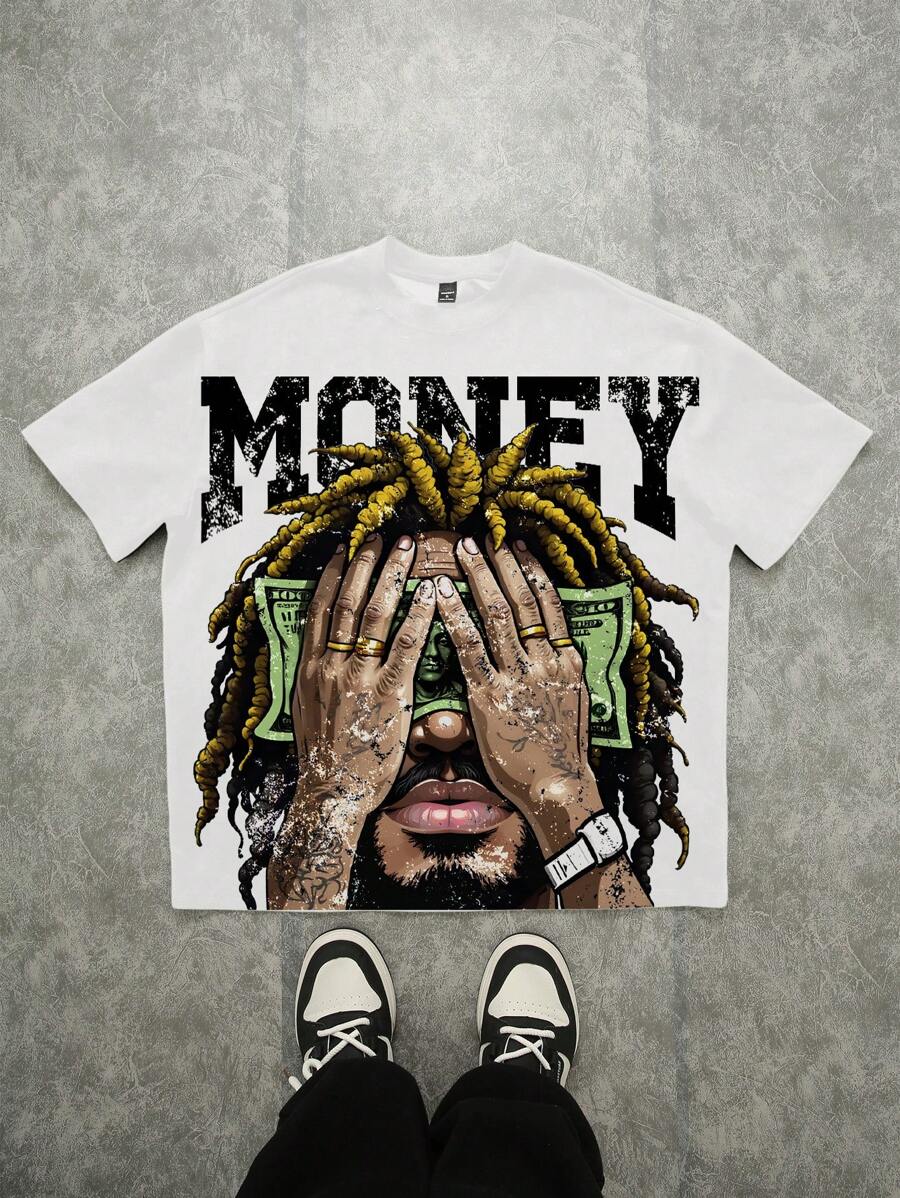 Manfinity Roghcode Áo thun họa tiết hình con số đô la hip hop đường phố cỡ lớn - trắng - Xem 1