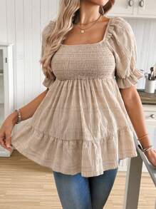 SHEIN Maternity Casual Solid Color Puff Sleeve Blouse, Summer - Apricot - View 5