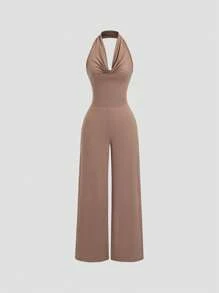 Sweetra Apricot Plunging Neck Backless Romper Jumpsuit With Wide Leg For Women - Brown - View 1