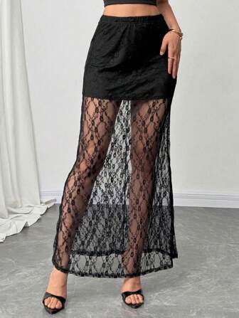 SHEIN Privé 女士夏季优雅浪漫时尚通勤性感优雅风格黑色蕾丝吊带裙，女士派对，海滩度假女士，返校毕业季女士，浪漫约会，生日，复活节女士，巴西狂欢节，音乐节，春夏女士，婚礼季，早午餐女士裙，波西米亚风格，仙女风格裙