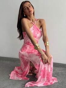 Aloruh Abito da spiaggia vacanza con stampa floreale rosa, elegante e romantico abbigliamento estivo da spiaggia - Rosa Baby - Visualizzare 5