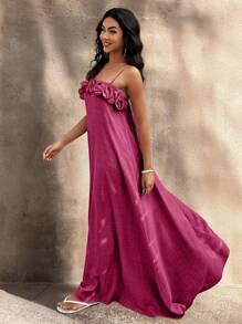 Flora Isola Flora Isola Vestido de tirantes largos con corte evasé y decoración de flores 3D para mujer - Rosa Roja - Ver 3