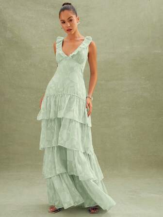 L'Amorae 花卉纹理层叠荷叶边长裙