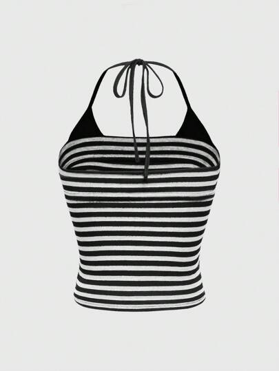 Grunge Punk Sexy Halter Striped Color Blocking Cropped Tank Top For Women, Versatile