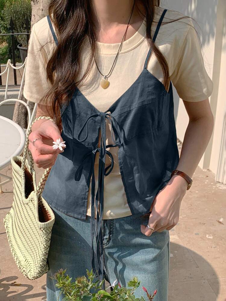 Solid Color Form-Fitting Bowknot Casual Summer Women Camisole Top