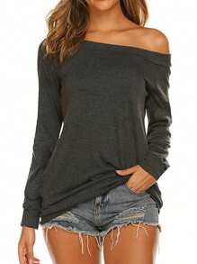 INAWLY 女士纯色不对称领口长袖T恤，夏季时尚