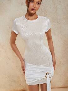 COSMINA Vestido curto com pregas elegante para férias feminino, Primavera/Verão - Damasco - Visão 6
