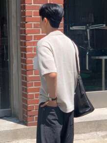 DAZY Men's Summer Solid Single Breasted Knitted Top - Khaki - View 2