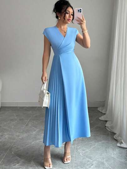 Elenzga Women's Elegant Minimalist V-Neck Wrap Waist Pleated Swing Casual Work Office Dress, Long Sleeve, Suitable For Commuting, Office, Vacation, Afternoon Tea