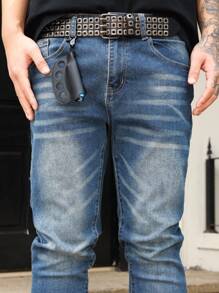 Manfinity Homme Men's Camouflage Denim Jeans, Fashionable For Summer - Medium Wash - View 8