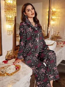 LuxeNights Bow & Heart Print Faux Silk Lapel Long Sleeve Pajama Set