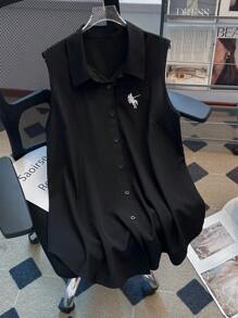 SHEIN LUNE Chemisier sans manches casual pour femme grande taille, mode pour l'été - Noir - Voir 1