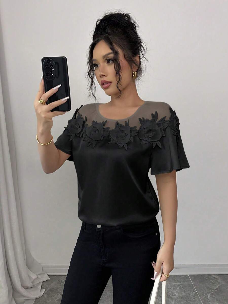 Elenzga Lace Patchwork Short Sleeve Dress, Fashionable For Summer