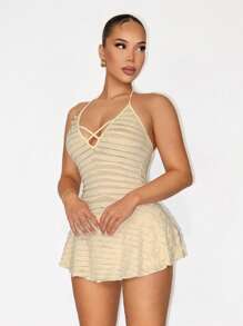 Sirith Women's Summer Textured Halter Mini Dress - Apricot - View 4