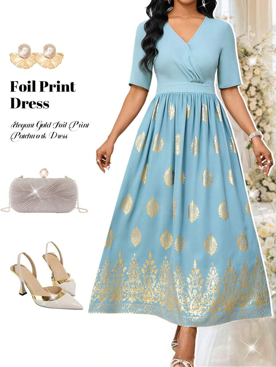 SHEIN Lady Women Elegant Gold Foil Print Patchwork Dress Prom Dress Dresses For Women Summer Vacation Outfits Woman - Multicolor - View 1