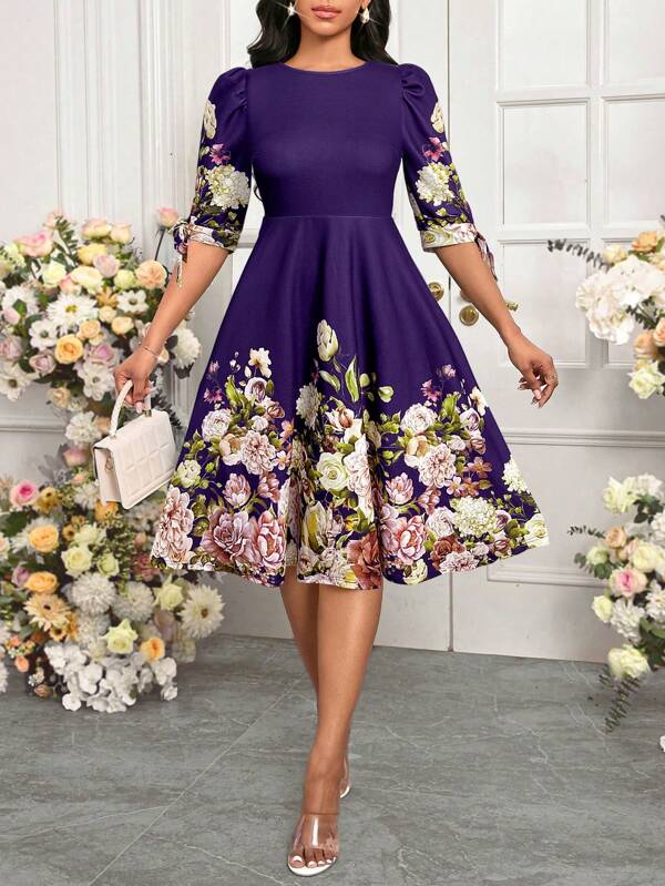 SHEIN Lady Blue Printed Fitted Women's Dress Church Women Clothes A-Line Elegant Women's Dress
