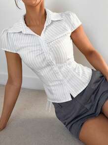 Siren Gaze 女式休闲条纹前扣腰衬衫，夏季 - 白色 - 查看 2