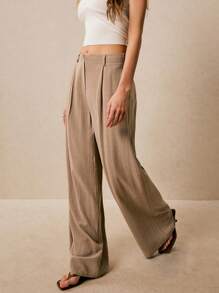 Poéselle 女士休闲宽松斜口袋阔腿裤 - 咖啡棕 - 查看 6