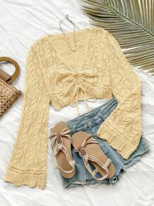 Soleia Women's Hollow Out Drawstring V-Neck Long Sleeve Cropped Sweater, Vacation Style - Mustard Yellow - View 1