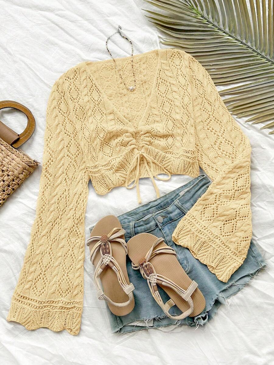 Soleia Women's Hollow Out Drawstring V-Neck Long Sleeve Cropped Sweater, Vacation Style - Mustard Yellow - View 1
