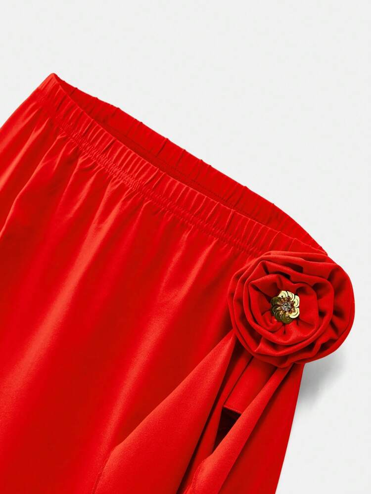 SHEIN Maija 2025 Latest Spring/Summer Suitable For Beach Holiday Outing, Asymmetric Cut Loose Fit Tie-Dye Cherry Red Mini Skirt With 3D Metal Flower Petal Decor, Removable Waist Tie Design, Sexy, Suitable For Easter Music Festival, Boho Style, Wedding Guest, Brunch, Airport, Daily Party & Gathering