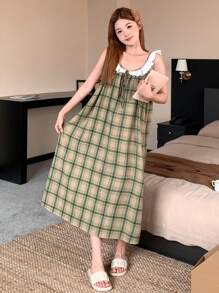 DAZY 甜美格子荷叶边领宽松吊带裙睡衣 - 綠色 - 查看 3