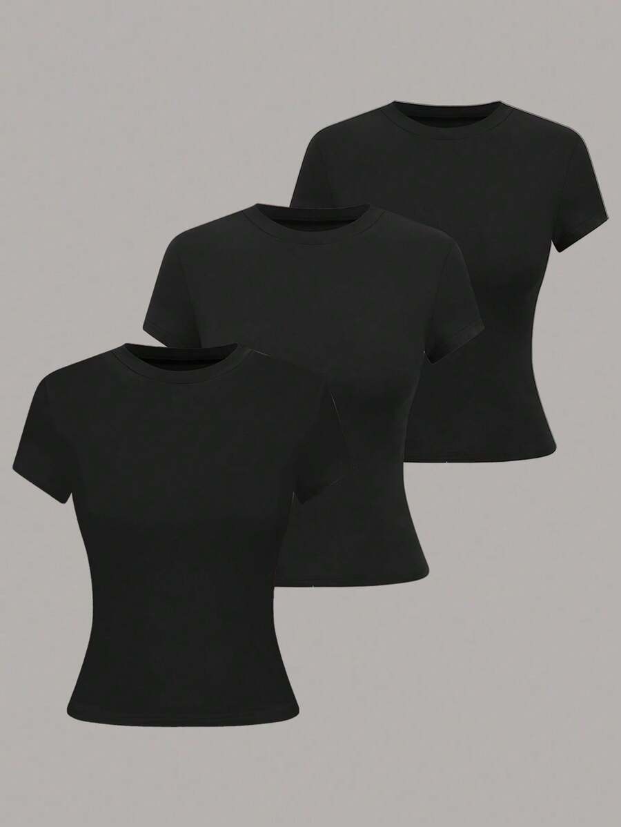 SHEIN PETITE 3pcs Set Simple Casual Solid Color Crew Neck Short Length T-Shirts For Women ,Petite Women - Black - View 1