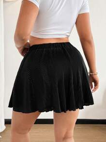Flirla Plus Size Women Elastic Waist Pleated Flared Shorts Pants - Black - View 2