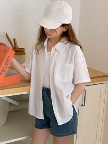 Hapijoa 青少年女孩领短袖衬衫，夏季，返校服装 - 白色 - 查看 8