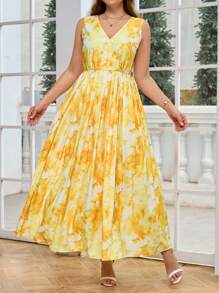 Ellevyn 加大码优雅女式印花V领褶皱奶油黄色连衣裙，女士夏季服装，毕业礼服，女士婚礼宾客礼服，女士太阳裙，女士优雅连衣裙，度假，女士黄色连衣裙，花裙 - 彩色 - 查看 6