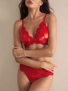 Charlaine Elegant Sexy Solid Color Lace Trim Lingerie Set (Top & Bottom) - Red - View 4