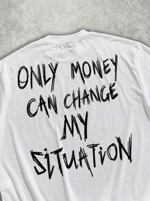 Manfinity Roghcode Oversized Street Money Attitude Slogan Full Print Short Loose T-Shirt Men's Cropped Tops, Men Slogan Graphic Drop Shoulder Tee, Men Oversized Crop Printed - White - View 2