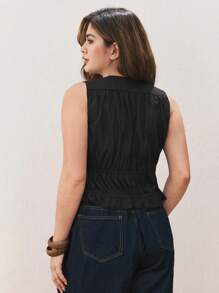 Maija Plus Size Summer Black Sleeveless Elastic Pleats Elegant Fashion Tie Front Top Summer Women Vacation Beach Business Casual Woman Going Out Tops Boho Office Outfits Festival Outfits For Rave Hawaii - Black - View 4