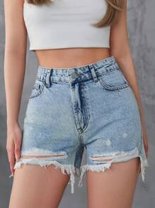 EURMUSE Ripped Raw Hem Denim Shorts - Light Wash - View 1