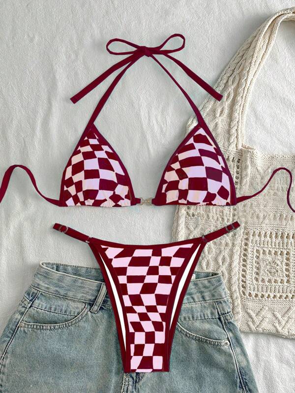 Swim Mod 2pcs/Set Women's Checkerboard Print Sexy Halter Bikini
