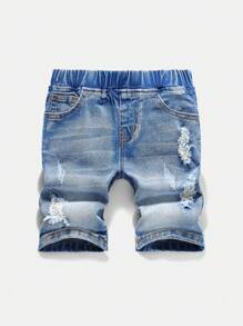 SHEIN Young Boys'Summer Casual Retro Distressed Ripped Skinny Blue Denim Shorts,Kids Summer Clothes Daily Wear Outfits - Medium Wash - View 1