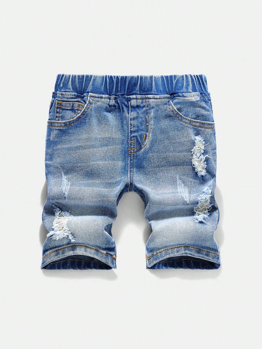 SHEIN Young Boys'Summer Casual Retro Distressed Ripped Skinny Blue Denim Shorts,Kids Summer Clothes Daily Wear Outfits - Medium Wash - View 1