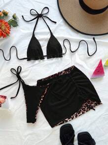 Soleia 3pcs Women's Leopard Print Contrast Red Bikini Set For Vacation - Black - View 6