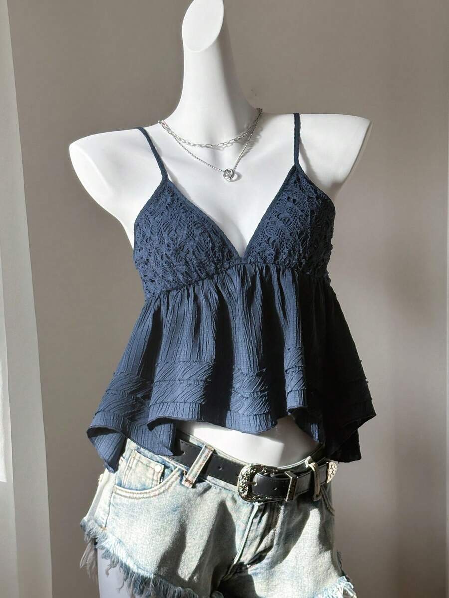 Comfortcana Plus Size Women Ruffled Lace Patchwork Solid Color Camisole ...
