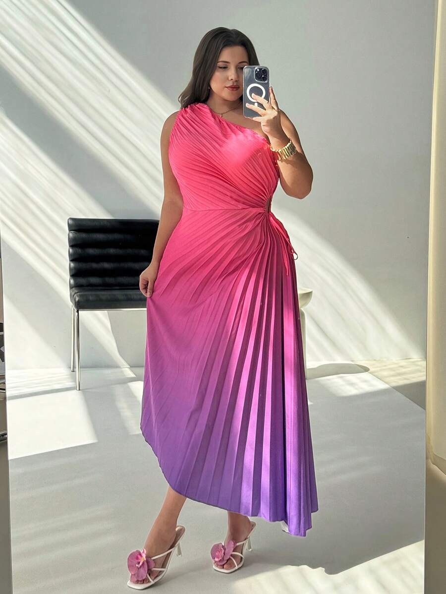 Firerie Women Plus Size Ombre Pleated One-Shoulder Sleeveless Elegant Dress - Multicolor - View 1