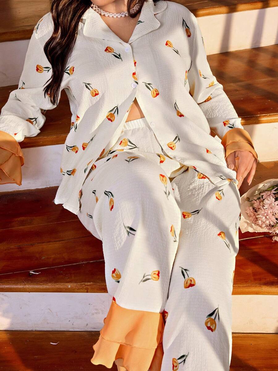CottageSlumber Plus Size Floral Print Contrast Ruffle Trim Collar Long Sleeve Long Pants Pajama Set Holiday Season - Multicolor - View 1