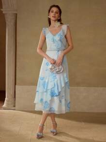 MOTF PREMIUM Vestido con estampado floral y volantes - Celeste - Ver 4