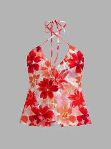 SHEIN EZwear Women's White Floral Summer Boho Vacation Holiday Ruched Bust Drawstring Backless Halter Bodycon Camisole Tank Top,Beach Music Festival Casual Top - Multicolor - View 4