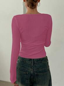 DAZY 修身长袖女式休闲基本款 T 恤，时尚简约日常穿着，秋季服装 - 玫紅色 - 查看 2