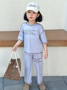 Young Girl Knitted Letter Printed Loose Fit Round Neck Pullover T-Shirt And Knitted Leeging Set, Casual Everyday Wear, Great For Casual & Daily Wear & School Daily ,