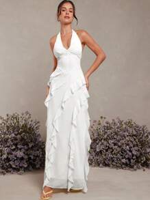 L'Amorae 挂脖荷叶边细节长连衣裙