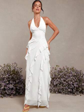 L'Amorae 挂脖荷叶边细节长连衣裙