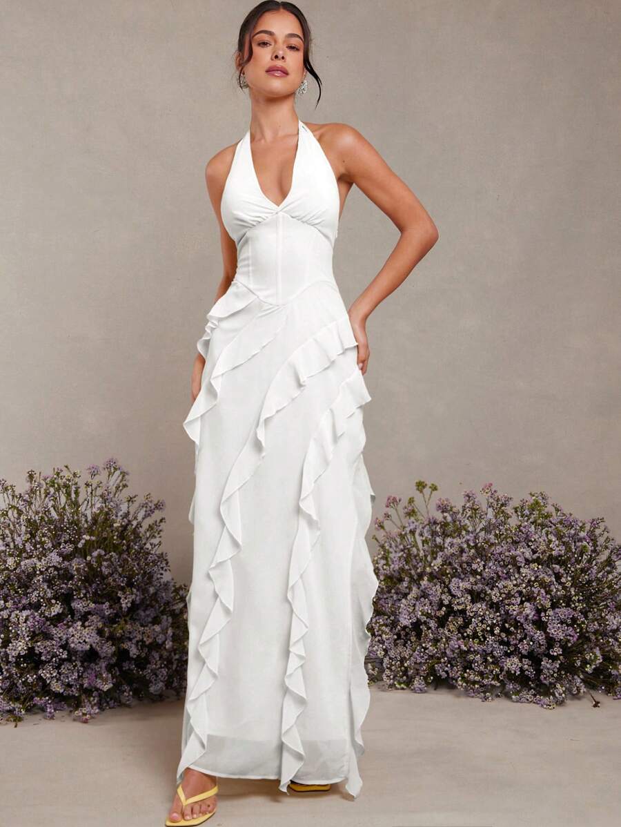 L'Amorae 挂脖荷叶边细节长连衣裙